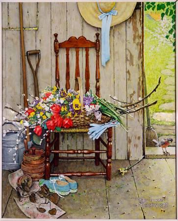 Norman Rockwell Spring Time Flwers Digital Panel 36in