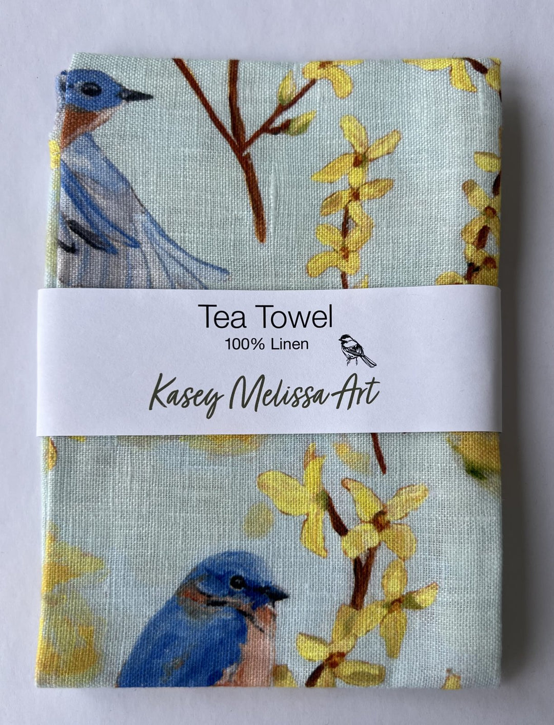 Kasey Melissa Art -  Linen Tea Towel - Bluebirds and Yellow Forsythia